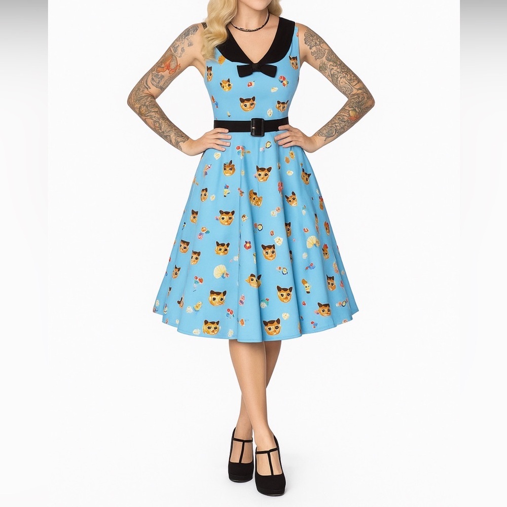 Voodoo Vixen Rockabilly 50s Swing Dress Blue Cat‎ Print Retro Pinup Flair Size S